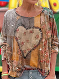 Women's Vintage Heart Pattern Art Print Casual Long Sleeve T-shirt