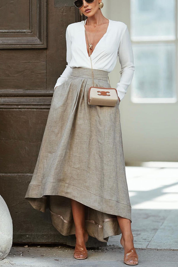 Caught a Vibe Linen Blend Back Elastic Waist Pocketed High Low Maxi Skirt
