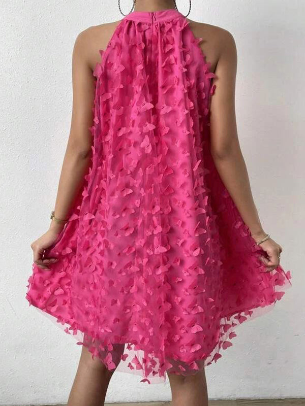 Loose Sleeveless Jacquard Pleated Color Split-joint Stand Collar Mini Dresses
