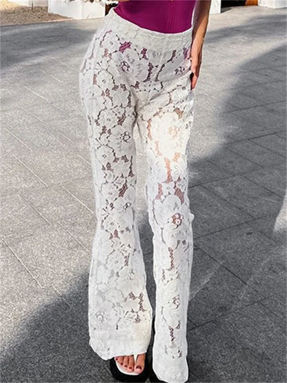 White Printed High Waist Straight Legg Patchwork Hollow Out Lace Pants Summer