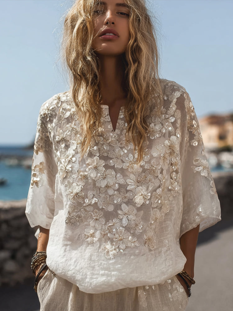 Ladies' Taboo Romantic White Flower Embroidery Vintage Short-sleeved Shirt elevenforest