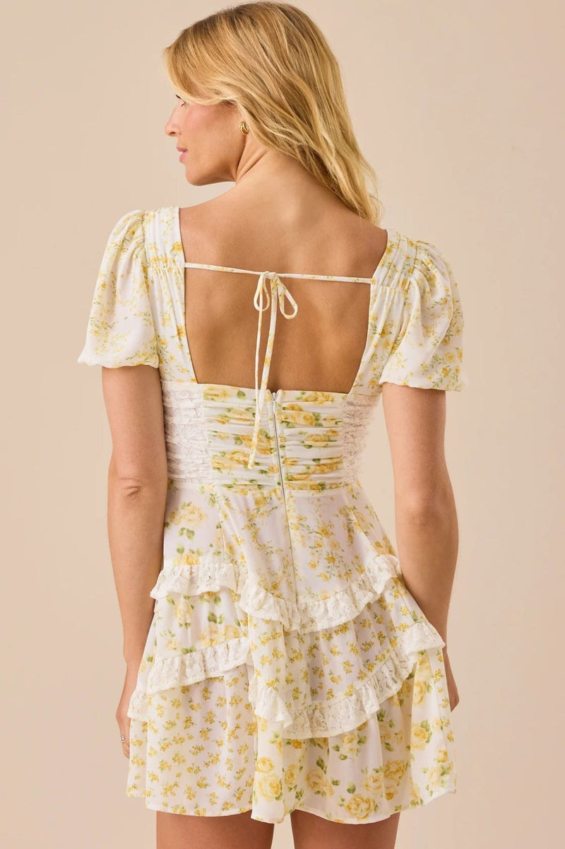 Lace Patchwork V Neck Puff Short Sleeve Mini Dress