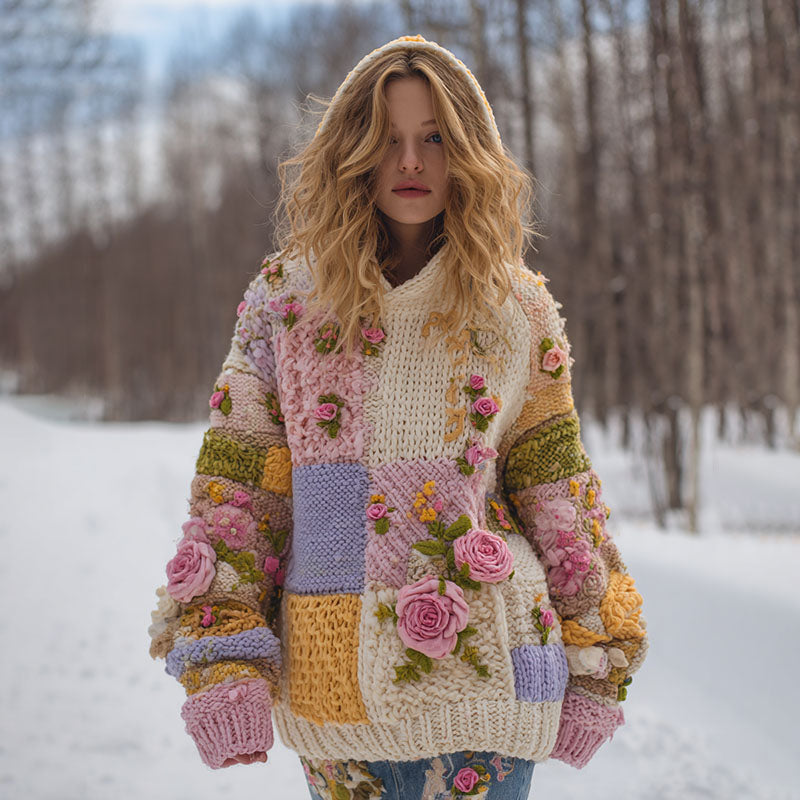 Women's Vintage Floral Patchwork Art Knit Jacquard Hooded Sweater elevenforest