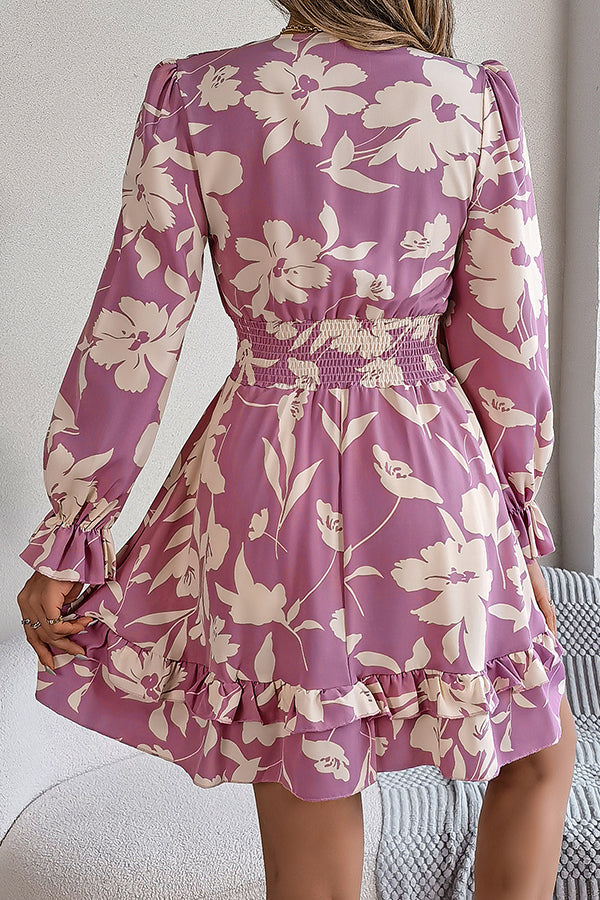 Print V-neck Lace-up Long-sleeve Elastic Waist Mini Dress