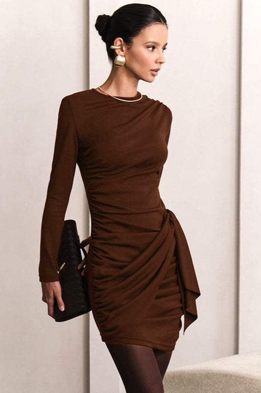 Ruched Bandage Fitted Bodycon Round Neck Mini Dress