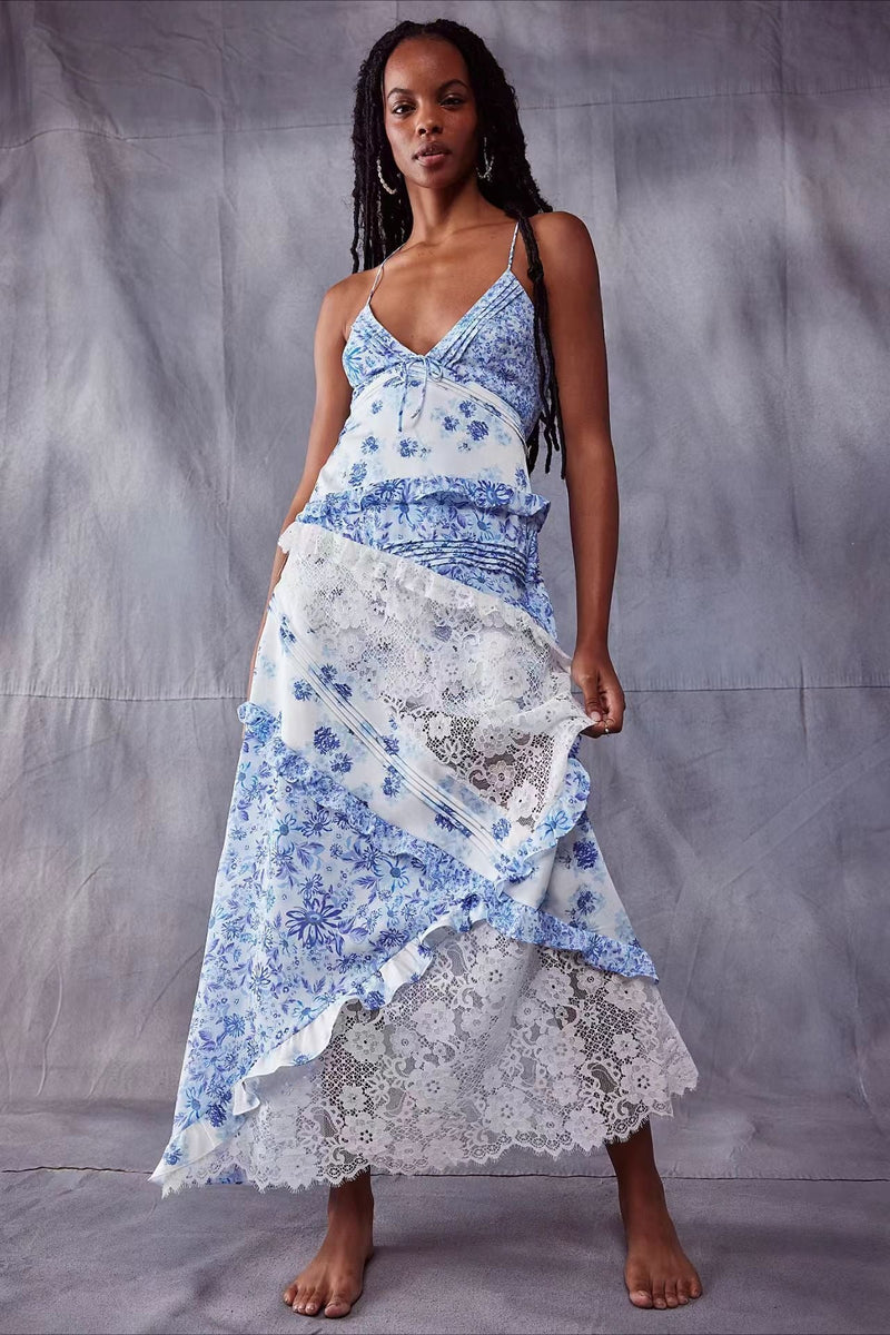Deep V Ruffle Lace Patchwork Cami Maxi Dress