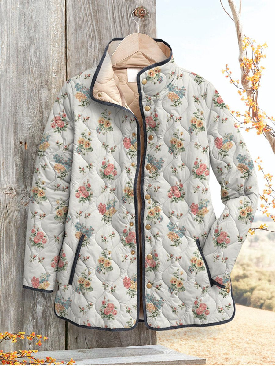 Lovely Small Spring Floral Pattern Printed Women's Casual Quilted Cardigan