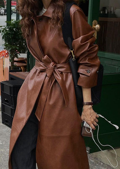 Brown Belted Leather Trench Coat - Single-breasted