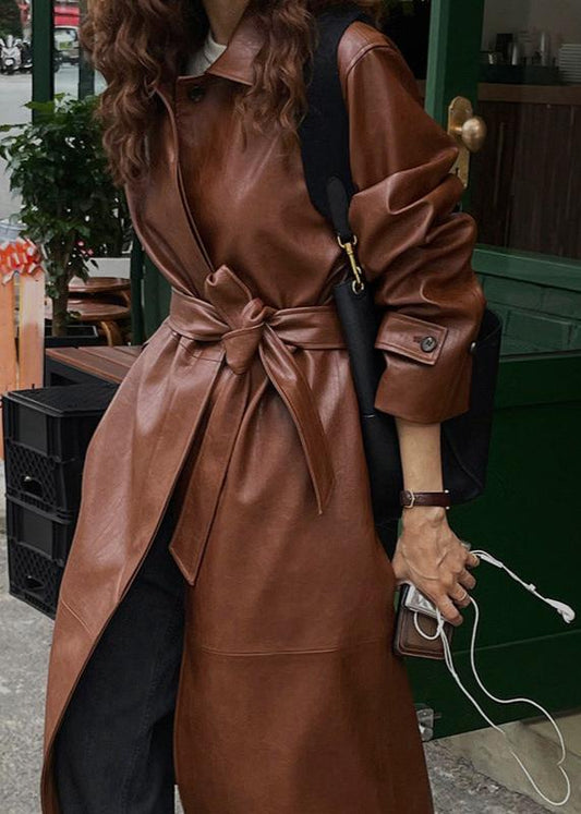 Brown Belted Leather Trench Coat - Single-breasted