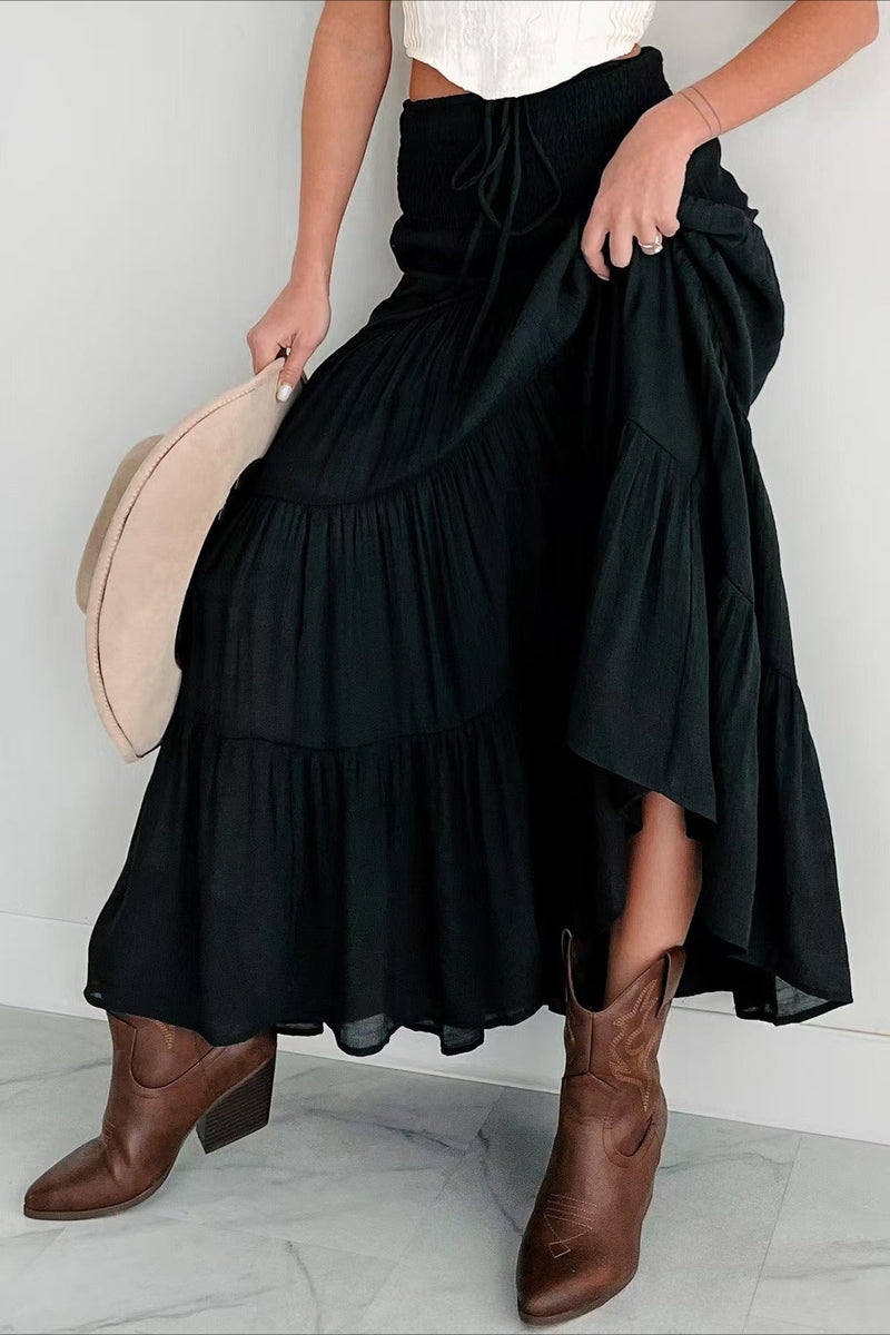 High Waisted Contrast Drawstring a Line Maxi Skirt