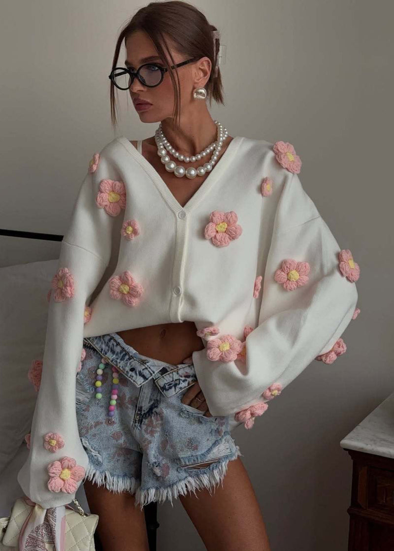 Blush Bloom - 3d Knit Cardigan With V-neck