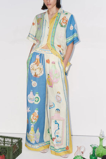 Creating Memories Linen Blend Unique Print Elastic Waist Pocket Wide Leg Pants