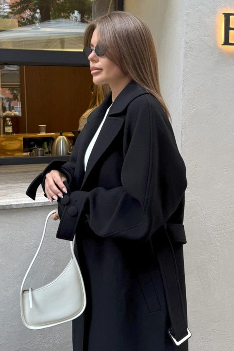 Longline Wool Blend Tie Waist Loose Overcoat