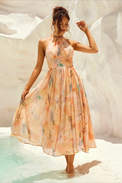 Sleeveless Halter Backless Midi Dress