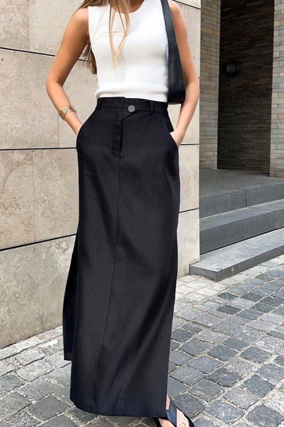 Black Satin High-slit Skirt