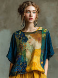 Klimt Painting Inspired Floral Embroidered Patchwork Linen Tunic elevenforest