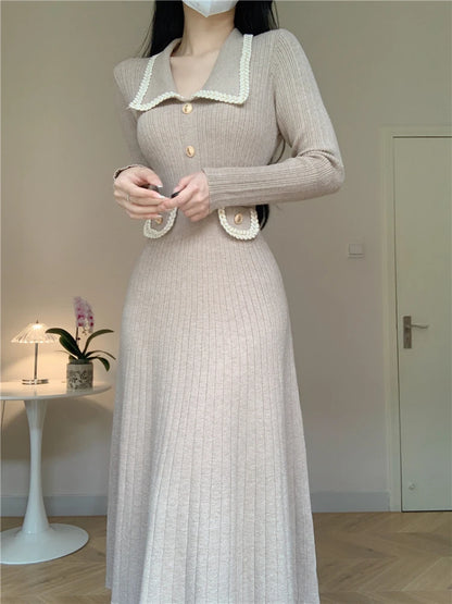 New French Knitted Dress Autumn Winter Slim A-line Lapel Knitted Dresses Long Sleeve Midi Dress