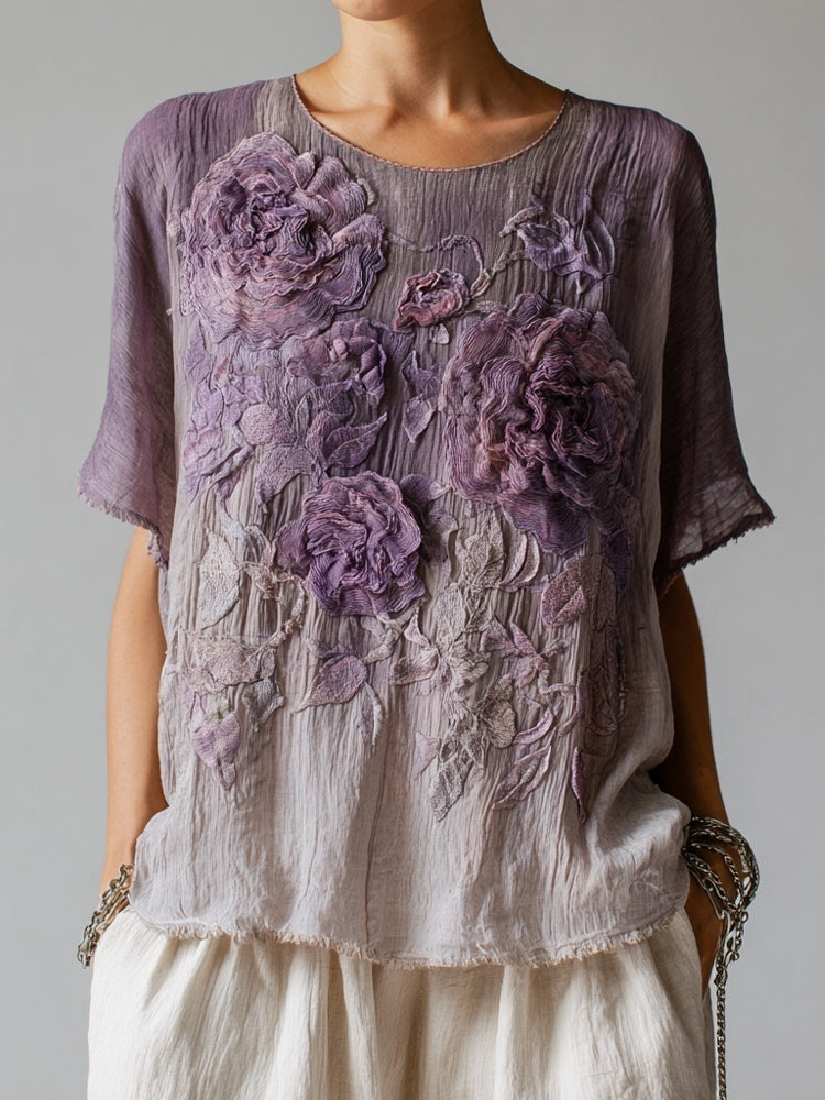 Vintage Purple Floral Embroidered Gradient Linen Shirt elevenforest