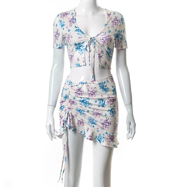 Dress Two Piece Set Summer Set Hollow Out Crop-top and Skirt Suit Cross Lace Up New Dresses