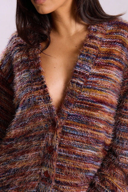 New Retro Deep V-neck Maillard Plush Long-sleeve Knit Cardigan
