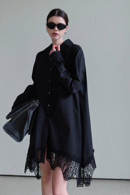 Soft Ruffled Lace Asymmetric Shirtdress Long Sleeve Mini Dress