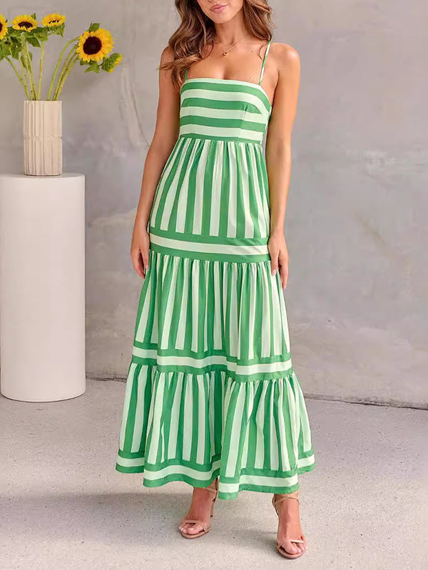 Loose Sleeveless Pleated Split-joint Striped Spaghetti-neck Maxi Dresses