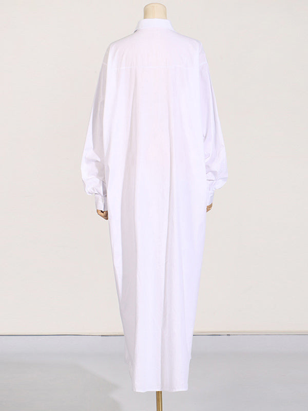 Long Sleeves Loose See-through Color Split-joint Split-side Lapel Maxi Dresses Shirt Dress