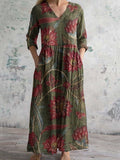 Women's Elegant Floral Pattern V-Neck Cotton Fabric Dress with Pockets