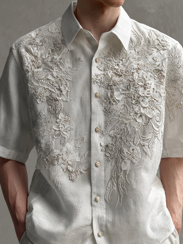Men's Lace Flowers Embroidered Short Sleeve Linen Shirt elevenforest
