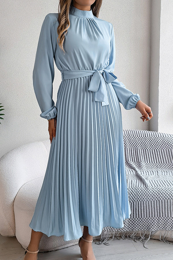 Stand-collar Long-sleeve Waisted Tie-up Pleated Midi Dress