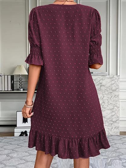 A-line Flared Sleeves Elasticity Jacquard Pleated Color Split-joint V-neck Mini Dresses