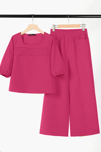 Loose Color Long Sleeved Top Wide Leg Pants Set