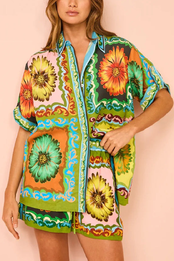 Loose Shorts Fashionable Versatile Printed Daisy Flower Linen Two-piece Suit