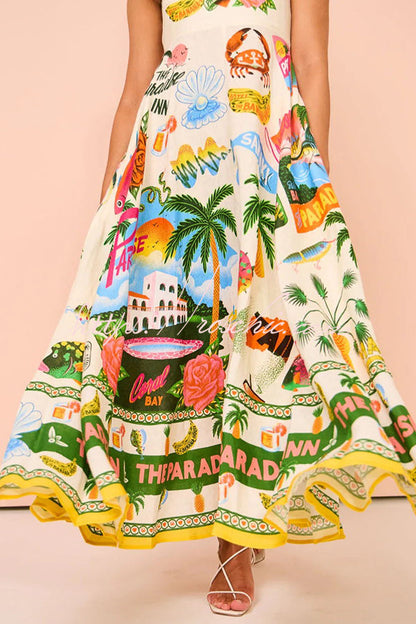 Holiday Paradise Linen Blend Unique Print Smocked Back Pocket Maxi Dress