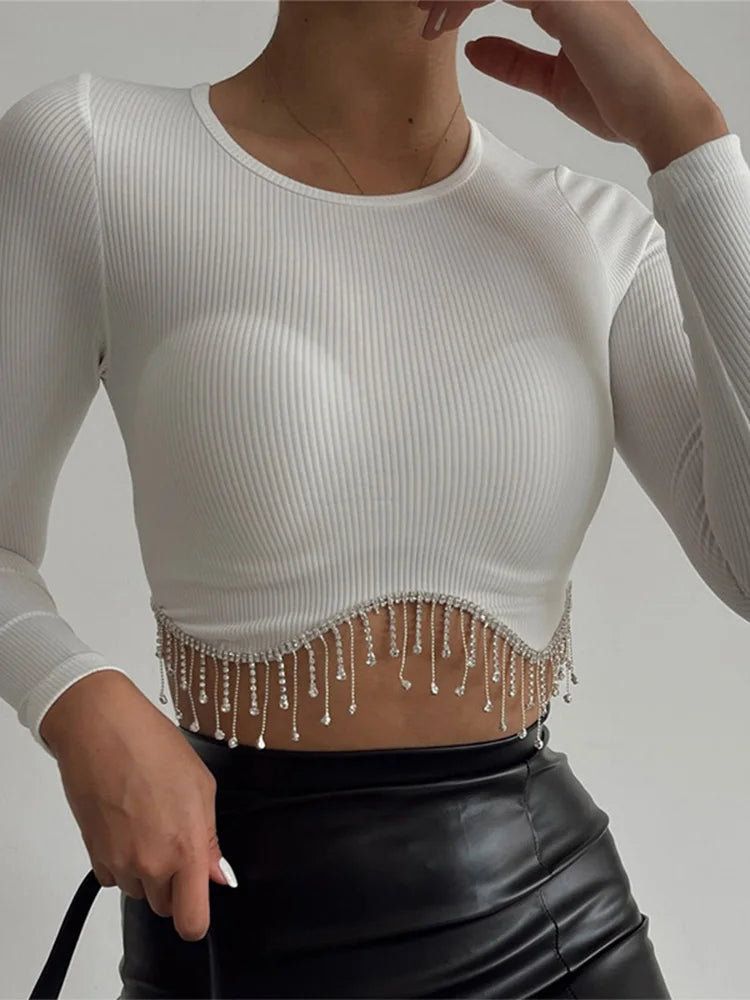 Rhinestone Tassel Cropped Tops Slim Crewneck Autumn Female T-shirts Long Sleeve Top T-shirt