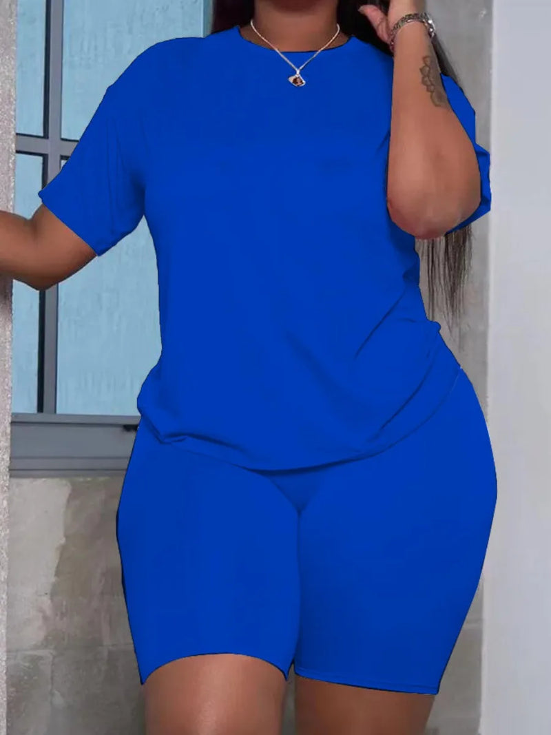 Basic Summer ’s Suit Short Sleeve Top and Pants Color Sportswear Slim Two-piece Outfit