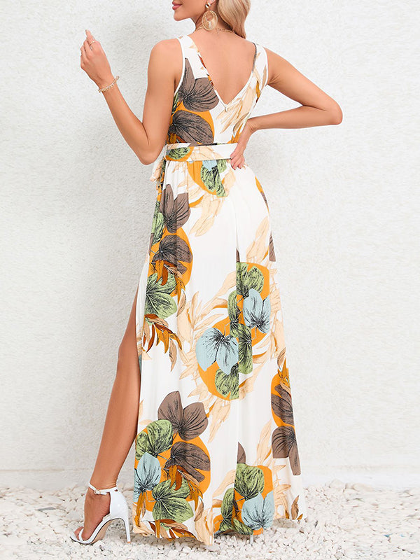 A-line Loose Flower Print Pleated Split-front Tied Waist V-neck Maxi Dresses