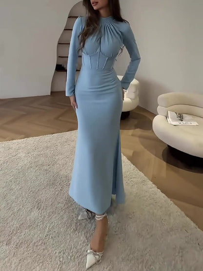 Bodycon Long Sleeves Pleated Color Tied Zipper Mock Neck Maxi Dresses