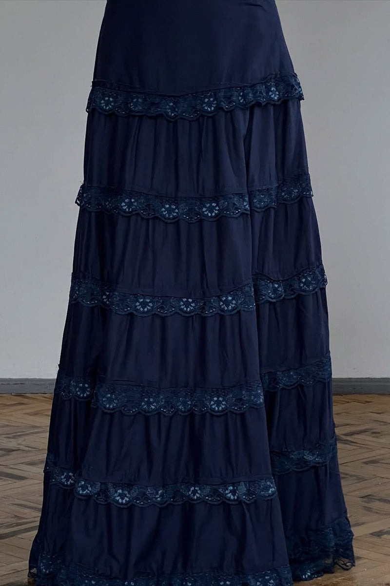 Lace Trimmed Tiered Midi Skirt