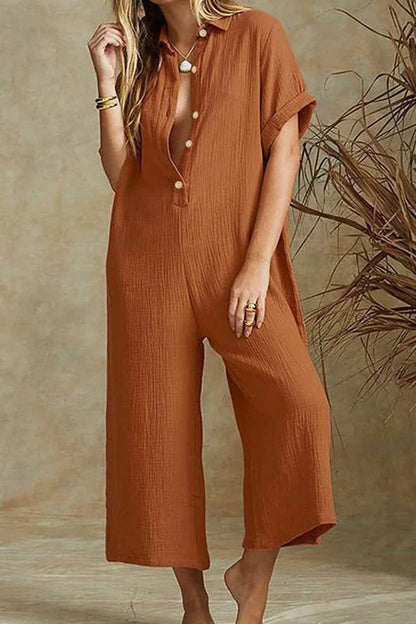 Short Sleeve V Neck Jumpsuit Button Down Turndown Collar Wide Leg Jumpsuit