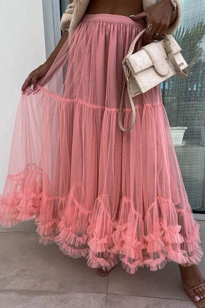 Tulle Stretch Waist Paneled Pleated Maxi Skirt