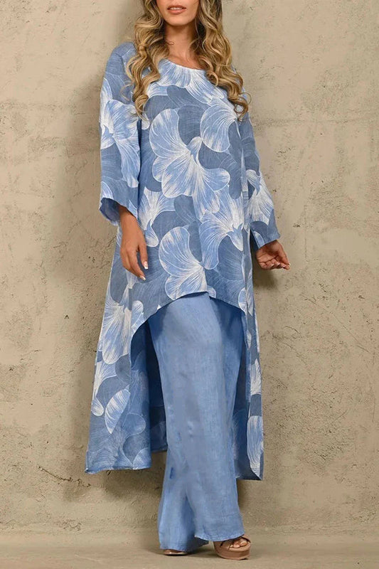 Exquisite Print Crew Neck Paneled Pant Suit