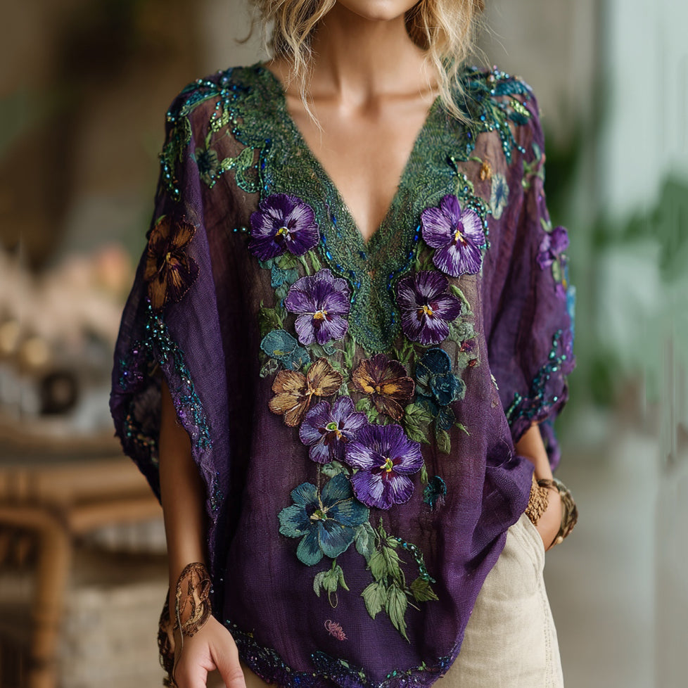 Women's Pansy Hand Embroidered Sequined Short Sleeve T-shirt elevenforest