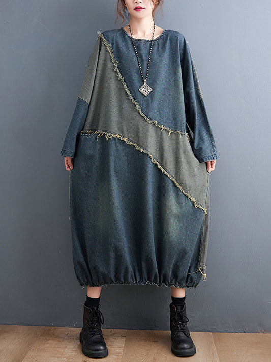 Original Loose Denim Contrast Color Round-neck Long Sleeves Midi Dress
