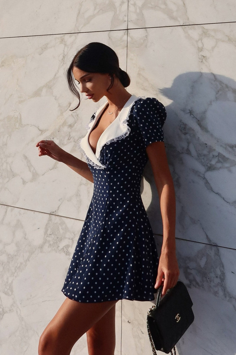 Lace Trim Polka Dot V-neck Fitted Mini Dress