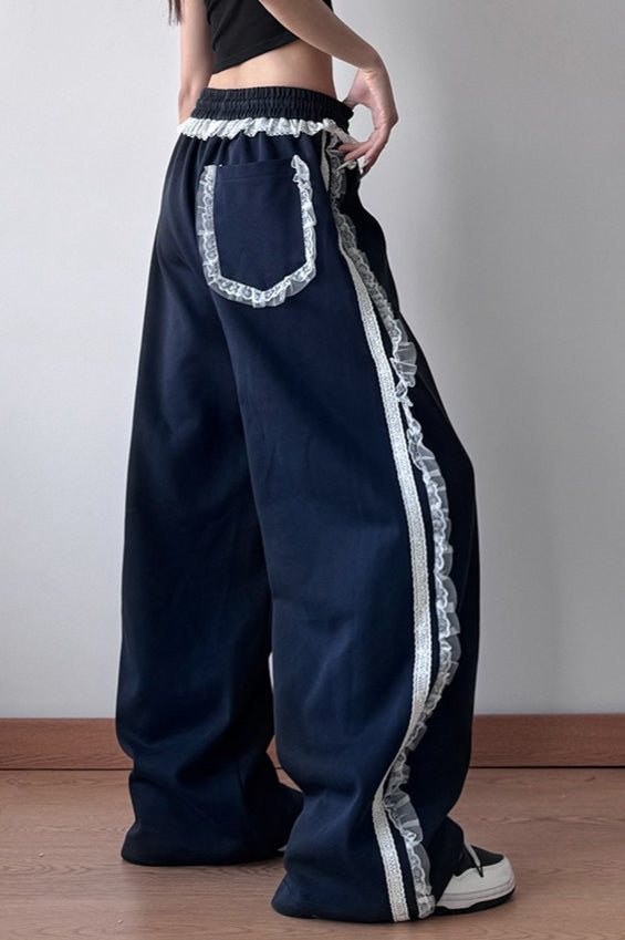 Lace Trim Wide Leg High Waist Pants