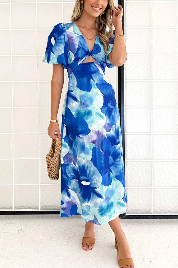 Sophia Print Satin Puff Sleeve Twist Bust Cutout Midi Dress