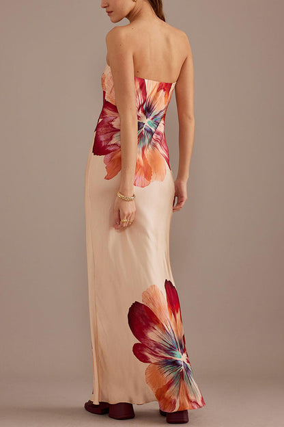 Charming Strapless Waist Cinching Satin Printed Lace Up Loose Long Dress