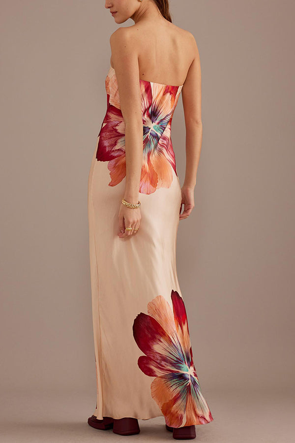 Charming Strapless Waist Cinching Satin Printed Lace Up Loose Long Dress