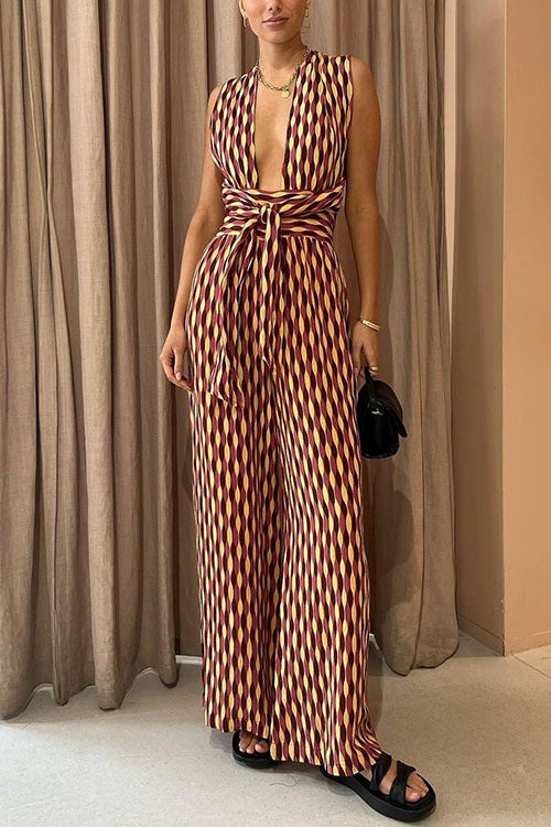 Moxidress Back Criss Cross Knot Waist Wide Leg Printed Jumpsuit